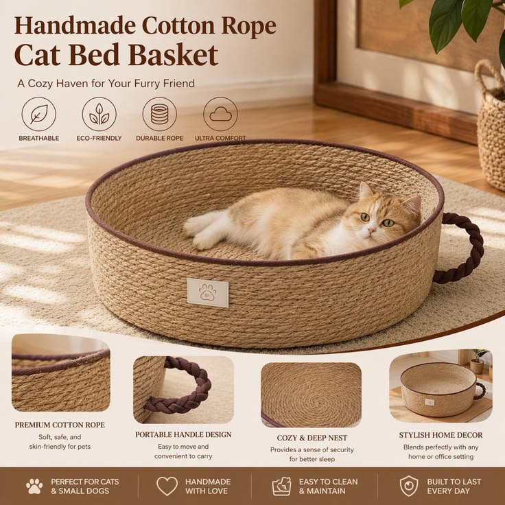 Handmade Cotton Rope Cat Bed Basket, Breathable Woven Kitten Nest, Cozy Pet Bed
